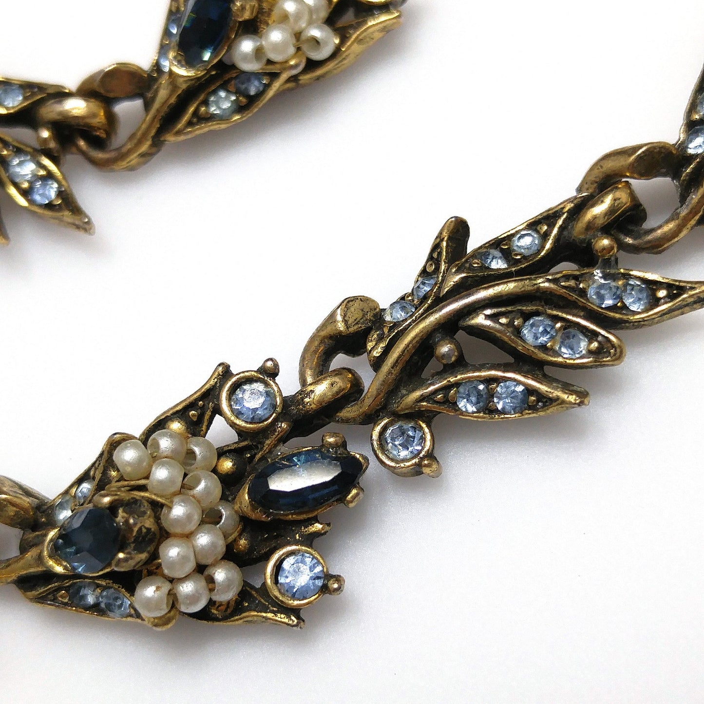 Vintage Hollycraft 1956 Blue Rhinestone Pearl Necklace Earrings Set Gold Tone