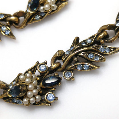 Vintage Hollycraft 1956 Blue Rhinestone Pearl Necklace Earrings Set Gold Tone