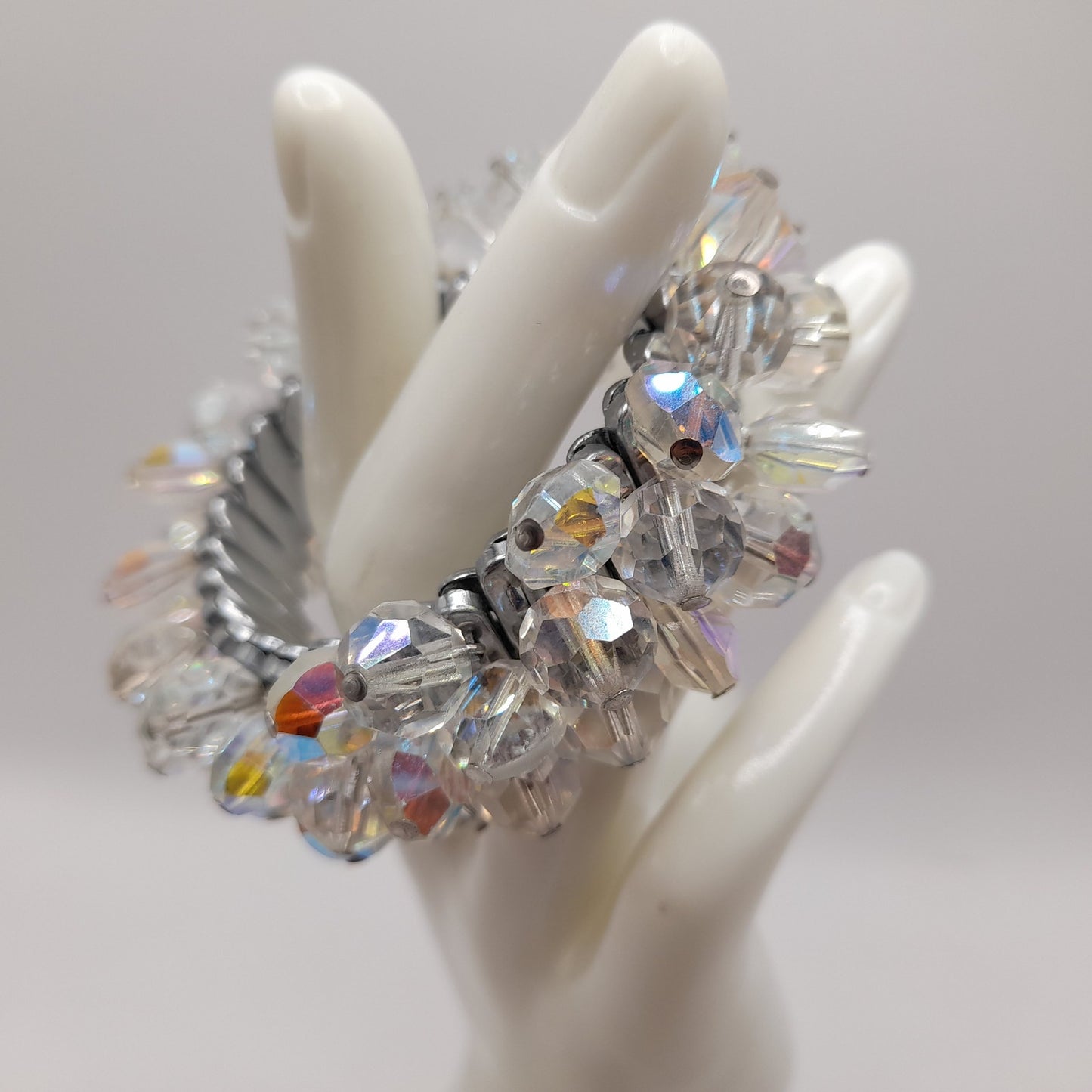 Vintage Aurora Borealis Crystal Cha-Cha Stretch Bracelet 10mm Beads