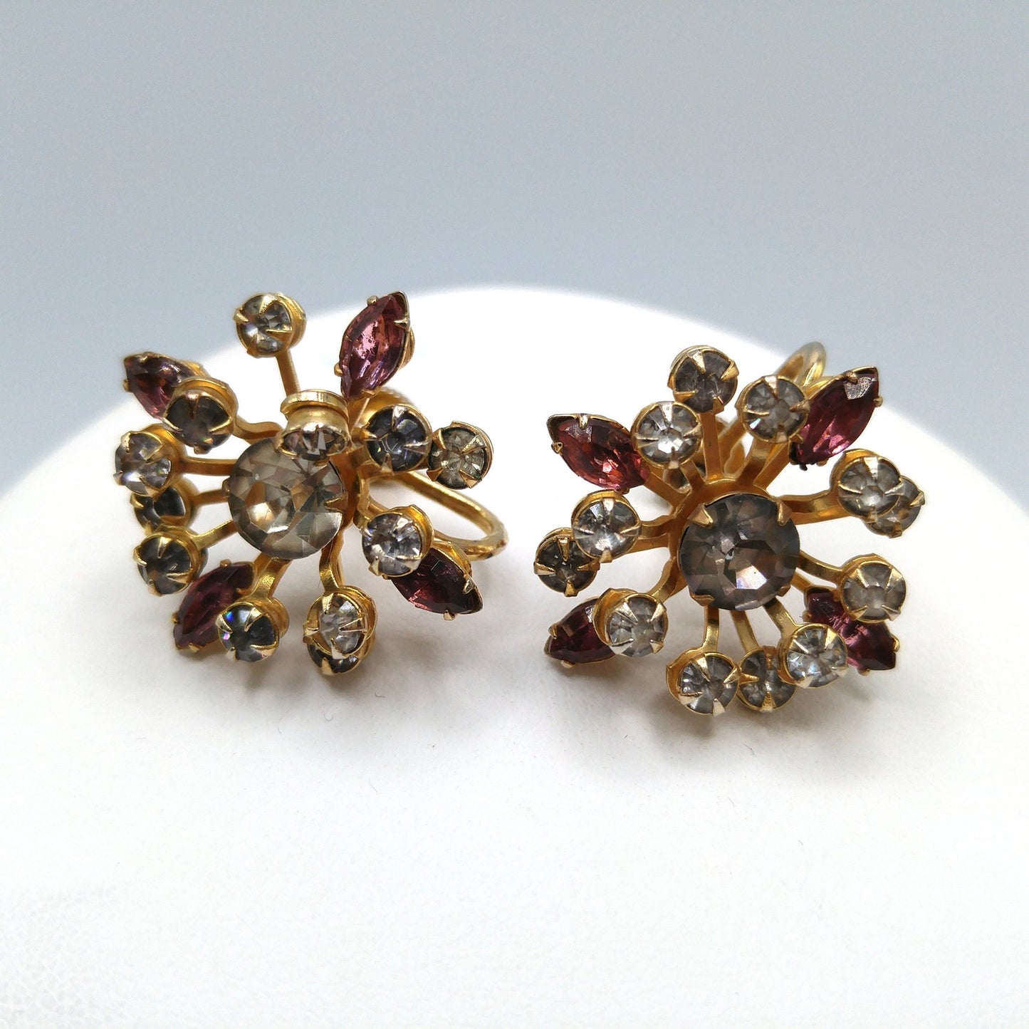 Floral Purple Rhinestone Pendant Brooch Necklace Earrings Set, Gray Clear Rhinestones, 1940s Vintage Jewelry