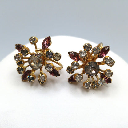 Floral Purple Rhinestone Pendant Brooch Necklace Earrings Set, Gray Clear Rhinestones, 1940s Vintage Jewelry