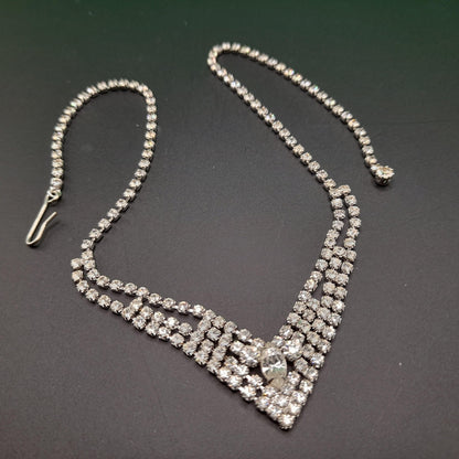 Eisenberg Ice Clear Rhinestone Necklace, Mid-Century Rhodium Plated, 1960s Vintage Jewelry