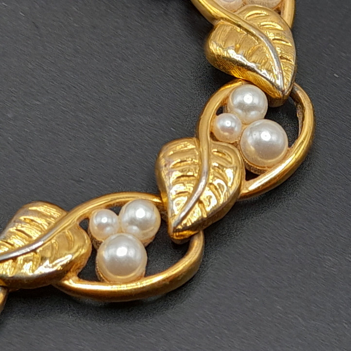 Vintage Napier 1980s Faux Pearl Leaves Gold Tone Bracelet, Pat. #4.774.743