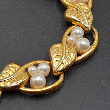 Vintage Napier 1980s Faux Pearl Leaves Gold Tone Bracelet, Pat. #4.774.743