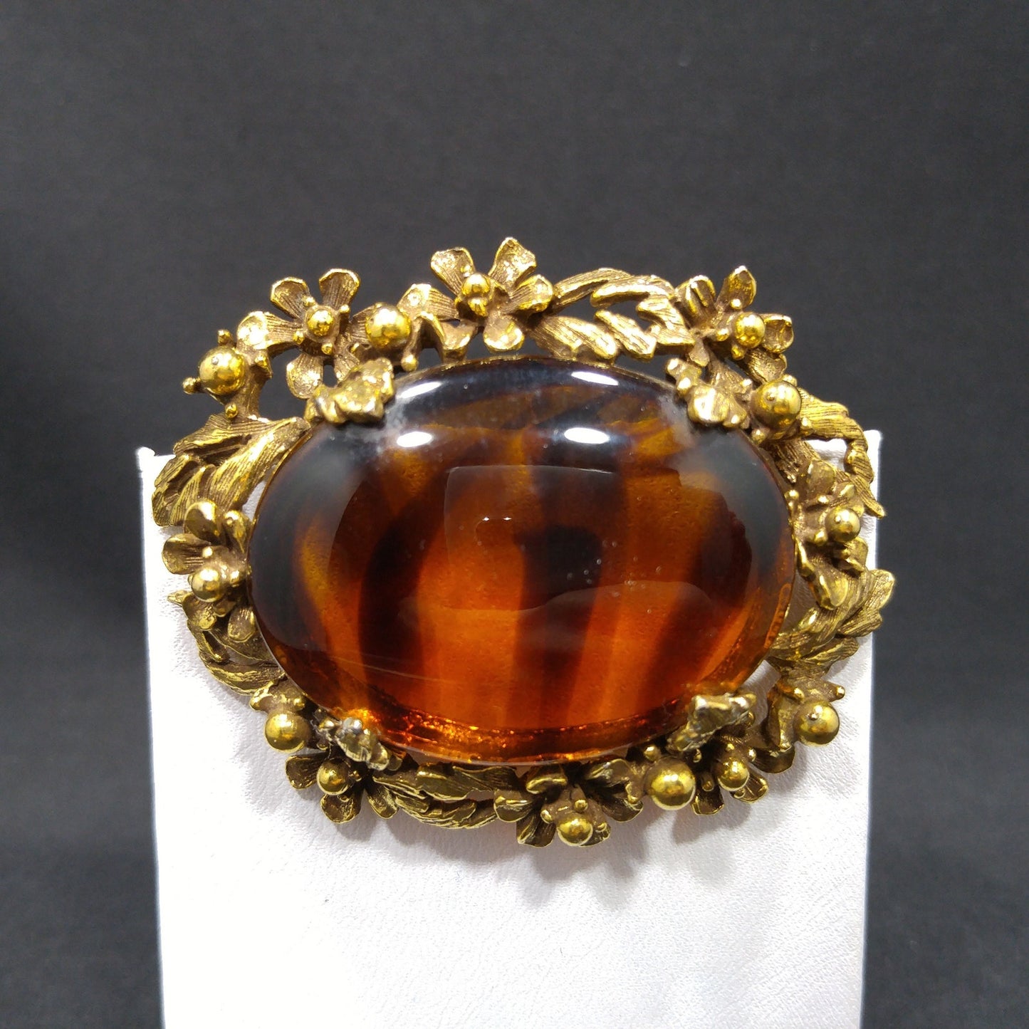 Jeanne Two Toned Glass Brooch, Light Dark Topaz Striped, 1960s Vintage Jewelry