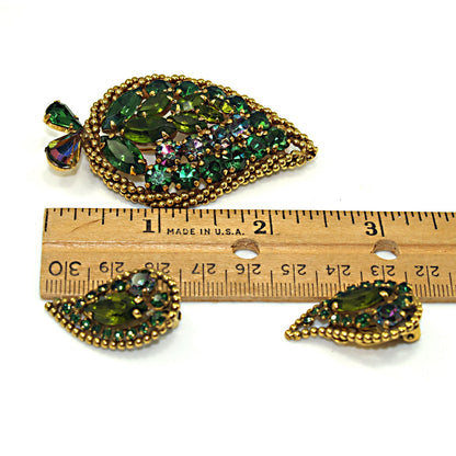 Vintage Weiss Green Brooch Earrings Set, Vitrail Green Rhinestone Leaves, Gold Plated