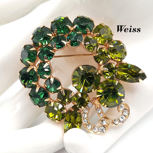 Vintage Weiss Green Rhinestone Brooch, Gold Plated, 1960s, 2"