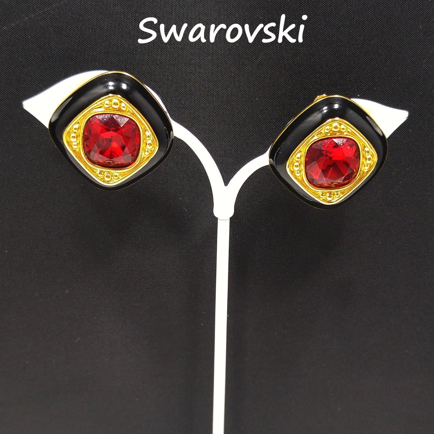 Vintage Swarovski Clip Earrings – Black Enamel & Red Crystal, Gold Plated 1980s