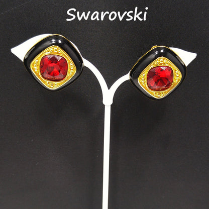 Vintage Swarovski Clip Earrings – Black Enamel & Red Crystal, Gold Plated 1980s