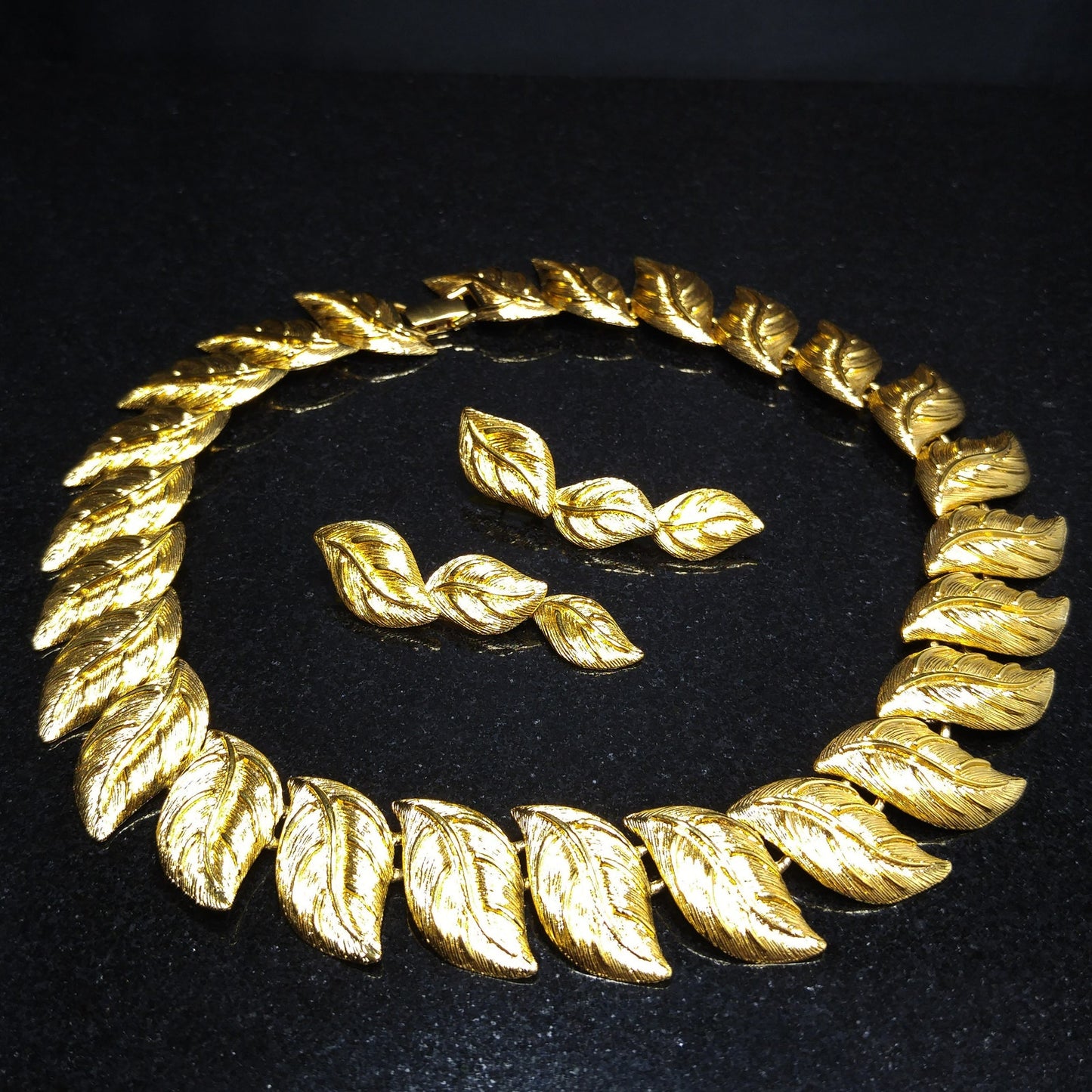 Napier Leaf Necklace and Drop Earrings, Post Earrings, Gold Plated, 1980s