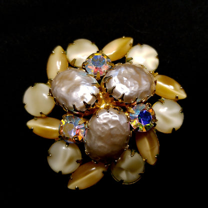 Faux Baroque Pearls AB Rhinestone Brooch Earrings, Gold Plated, 1960s Vintage Jewelry