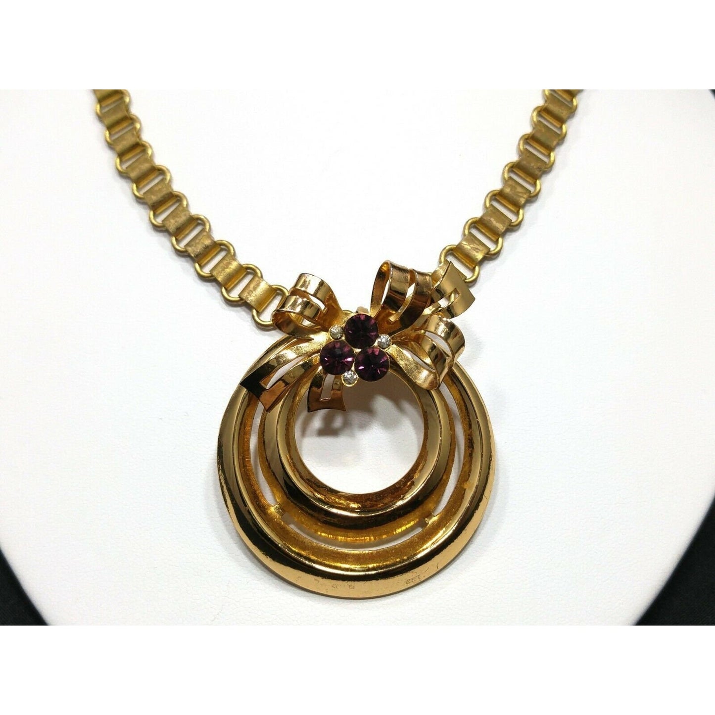 Coro 1948 Adolph Katz Bow Pendant Necklace, Gold Plate, Purple Rhinestones
