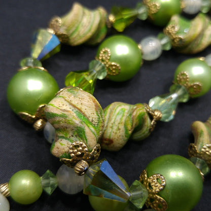 Vendome Green Beige Art Beads, Green AB Cone Crystal Beads, 1960s Vintage Jewelry