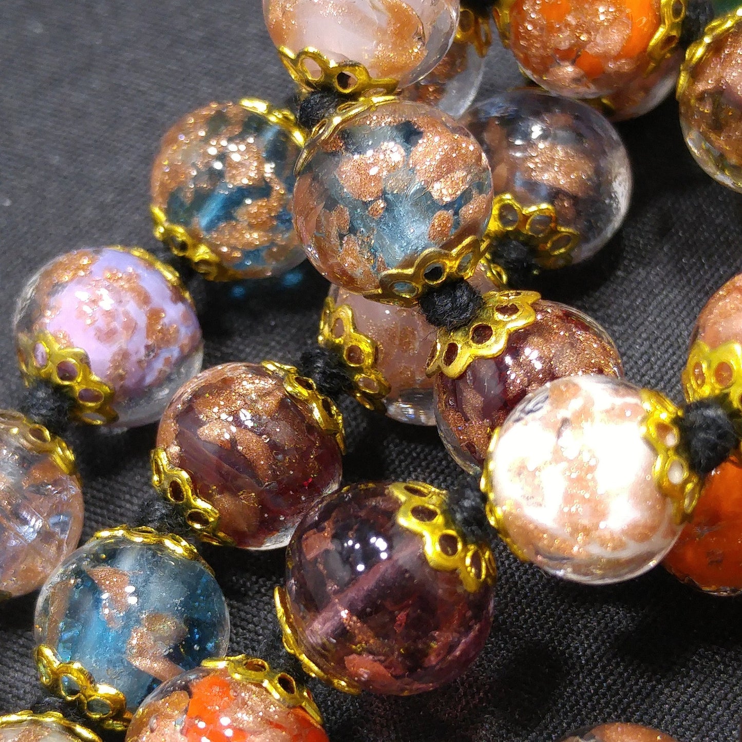 Venetian Goldstone Bohemian Necklace & Bracelet, Hand Knotted Black Thread, Vintage Jewelry