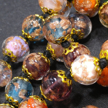 Venetian Goldstone Bohemian Necklace & Bracelet, Hand Knotted Black Thread, Vintage Jewelry