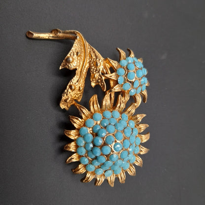 Hollycraft Gold Plated Floral Brooch, Turquoise Rhinestones, 1960s Vintage Jewelry