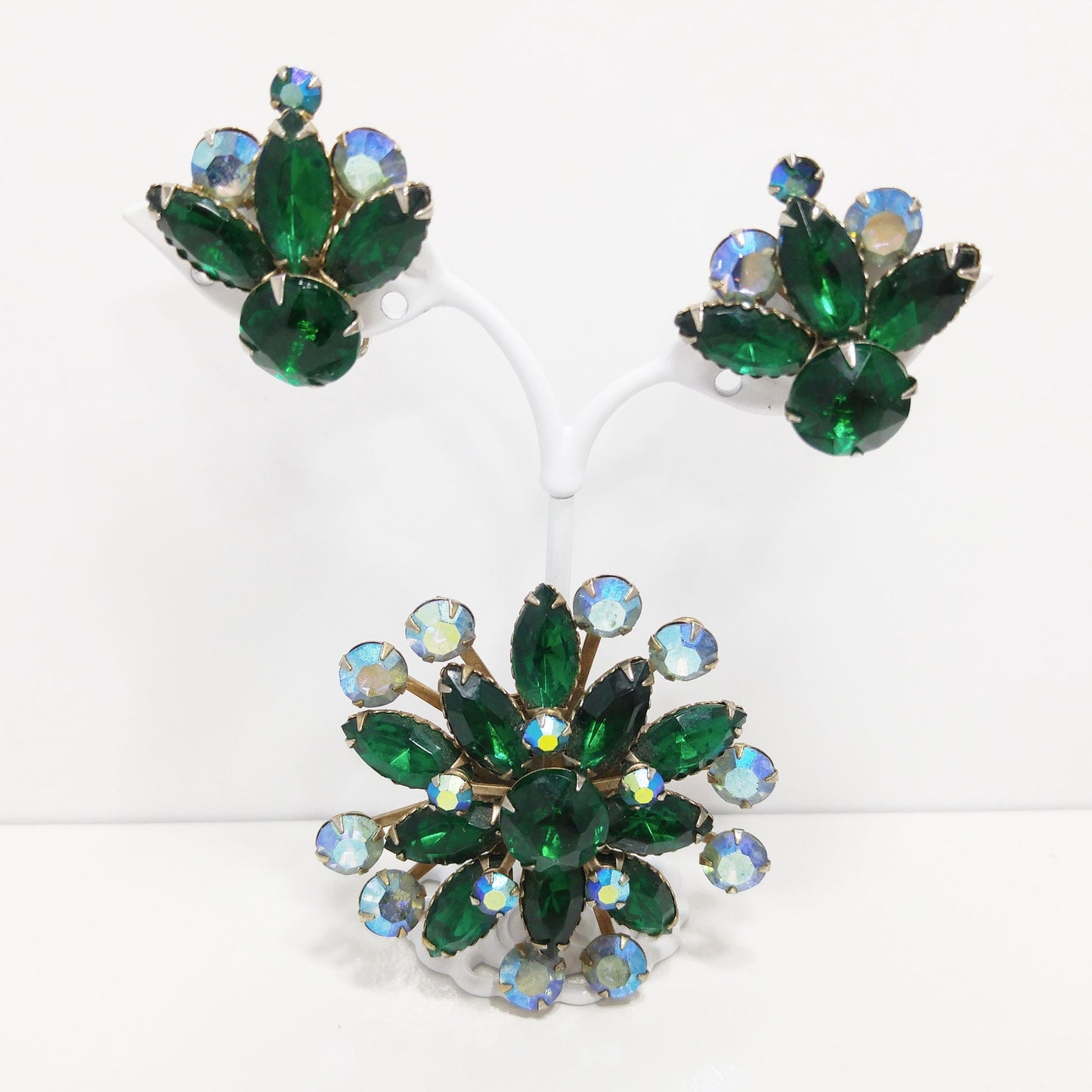 Mid-Century Green Rhinestone Flower Brooch & Earrings, Aurora Borealis, 1950s
