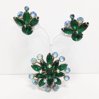 Mid-Century Green Rhinestone Flower Brooch & Earrings, Aurora Borealis, 1950s