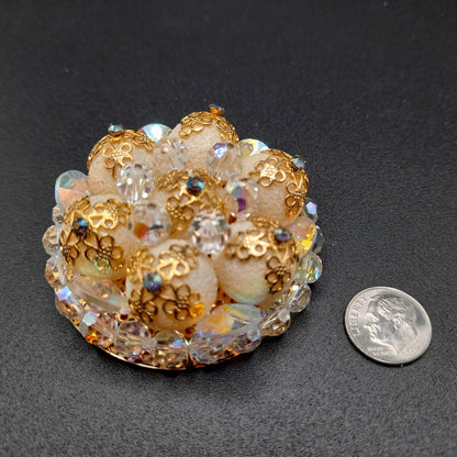 Vintage Crystal Bead Brooch, Aurora Borealis, Art Glass Globes, Filigree End Caps, 1960s Vintage Jewelry