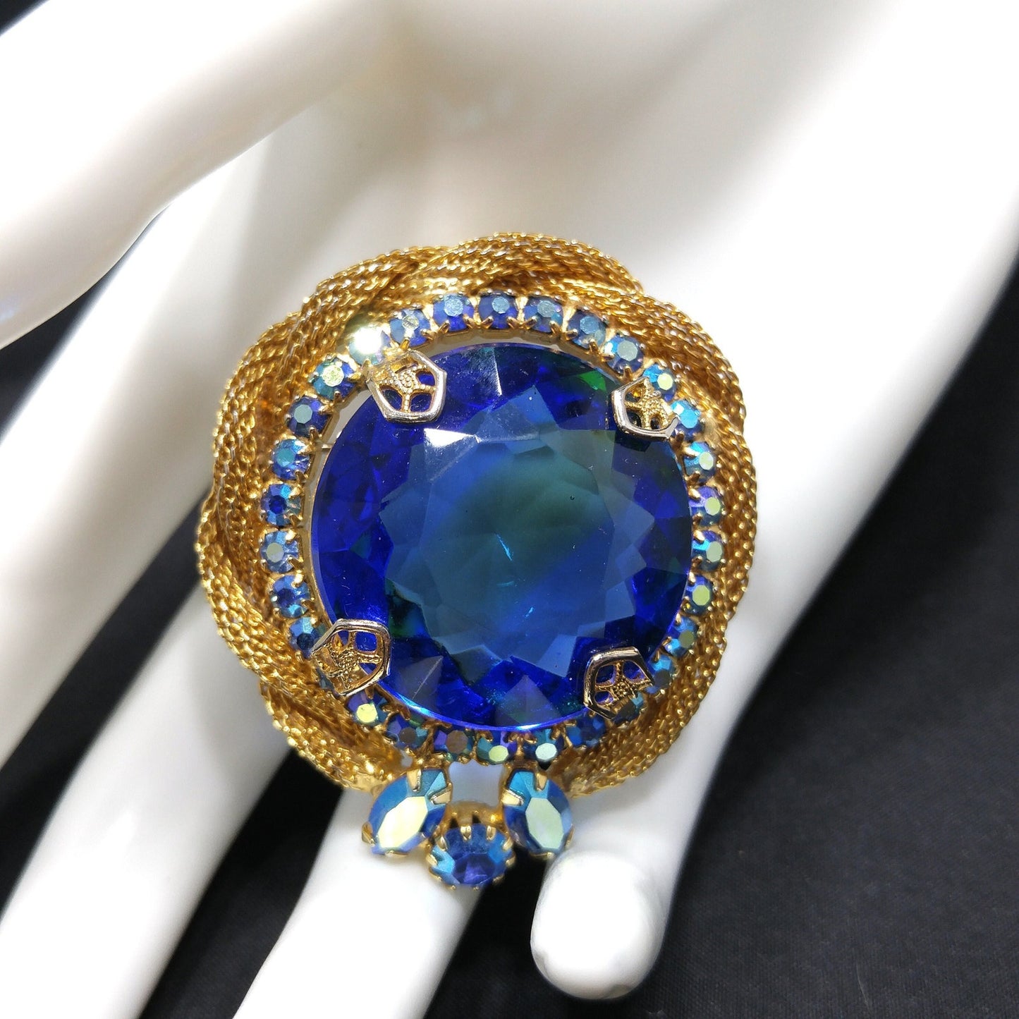 Large Blue Glass & AB Rhinestones Brooch, Gold Plated Mesh Frame, 1960s Vintage Jewelry