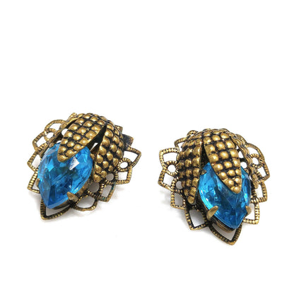 Germany Turquoise Filigree Clip Earrings, Large Rhinestone, 1940s Vintage Jewelry