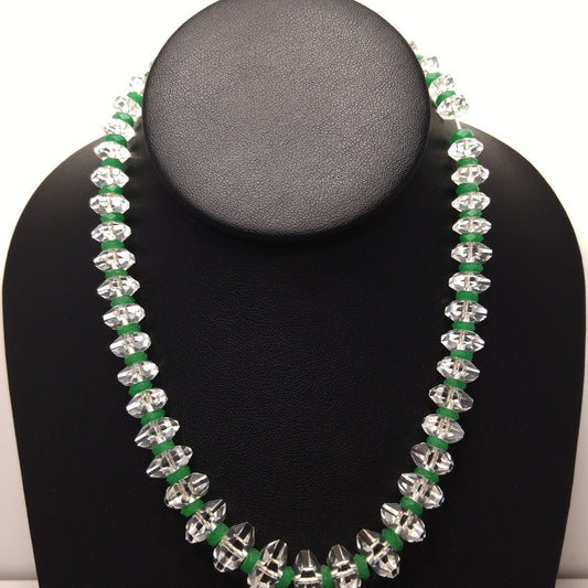 Art Deco Clear Quartz Beaded Necklace, Green Glass Spacer Beads, 1920s, 14KGF