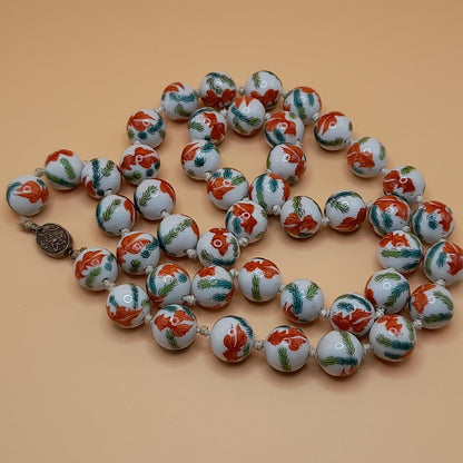 Hand Painted Koi Fish Bead Necklace, Ceramic Hand Knotted Vintage