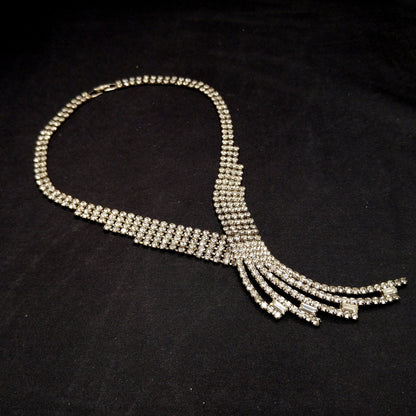 Vintage 1950s Rhinestone Statement Necklace – Five Strand Fringe Drop – Clear Crystal Bridal Jewelry