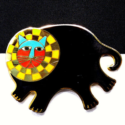 Laurel Burch "Bartholomew" Brooch, Gold Plated Cloisonné, Black Gold Enamel, 1980s Vintage Jewelry