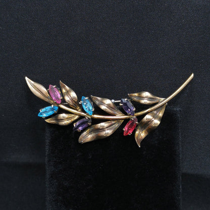 Symmetalic Sterling & 14K Gold Brooch, Rhinestone Accents, 1940s Vintage Jewelry