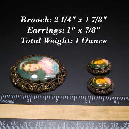 Vintage 1950s Western Germany Porcelain Cameo Brooch Earrings Set Gold Tone
