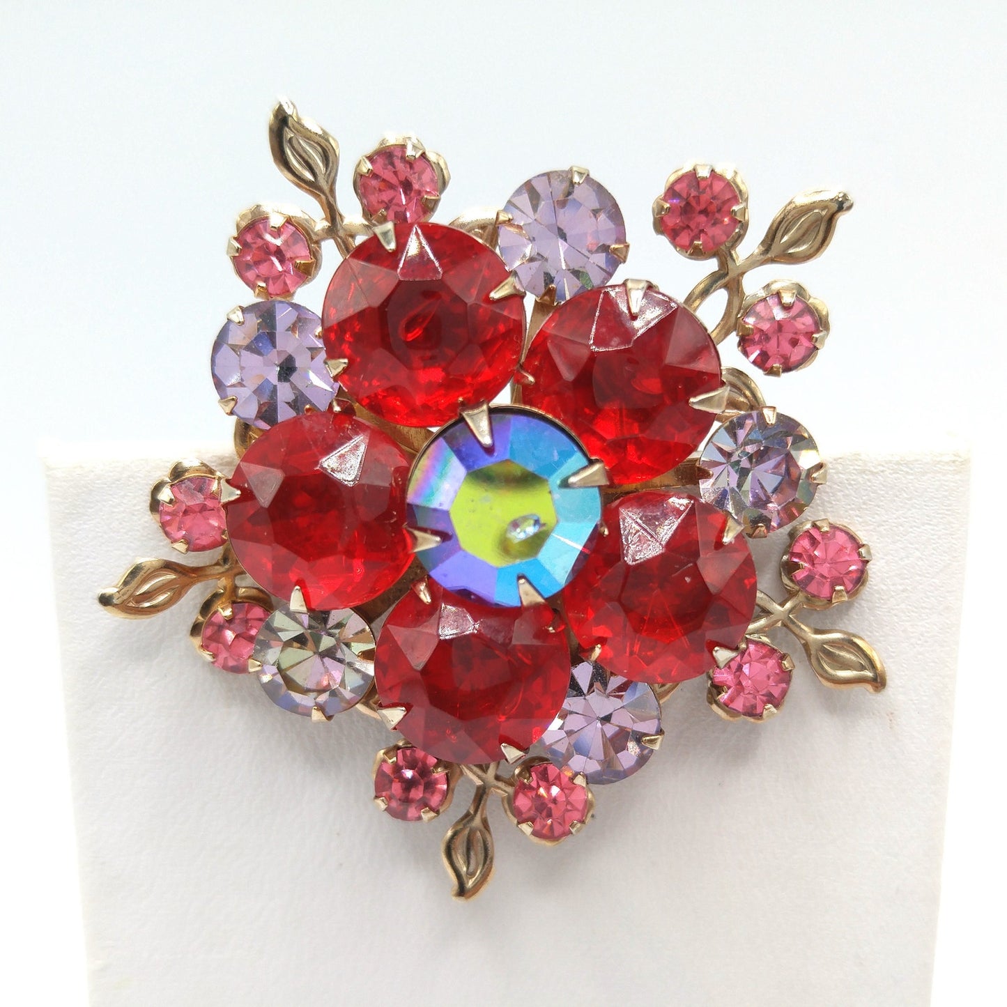 Aurora Borealis Red Pink Lavender Floral Brooch, Riveted Construction, Gold Tone, 1950s Vintage Jewelry