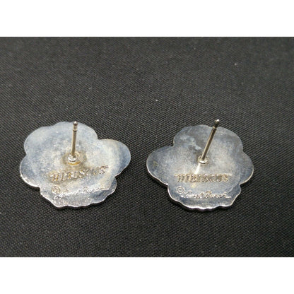 Laurel Burch "Hibiscus" Pink Post Earrings, Rhodium Plated Silver Tone, 1980s