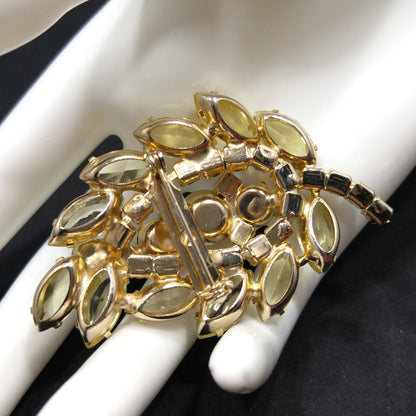 Yellow & Topaz Aurora Borealis Rhinestone Leaf Brooch, Open Back Stones, Gold Plated, 1960s Vintage Jewelry