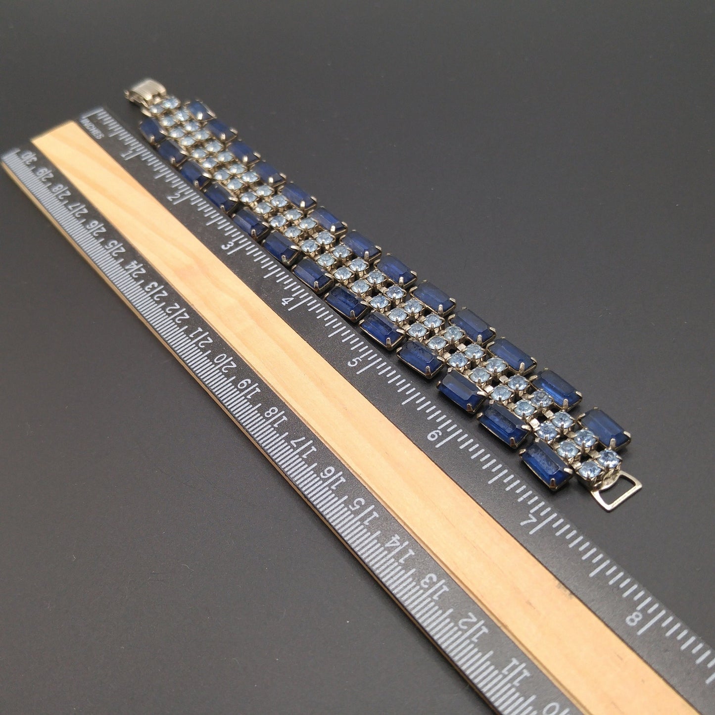 Blue Rhinestone Wide Bracelet, Darker Lighter Blue, Mid-Century, 1950s Vintage Jewelry
