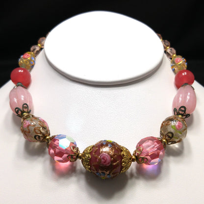 Wedding Cake Pink Choker Necklace, Crystal & Molded Beads, 1940s Vintage Jewelry