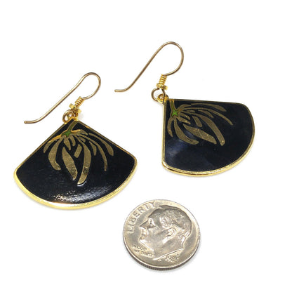Laurel Burch Floral Earrings, Gold Plating, Black Enamel, Willow Fan, 1980s Vintage Jewelry