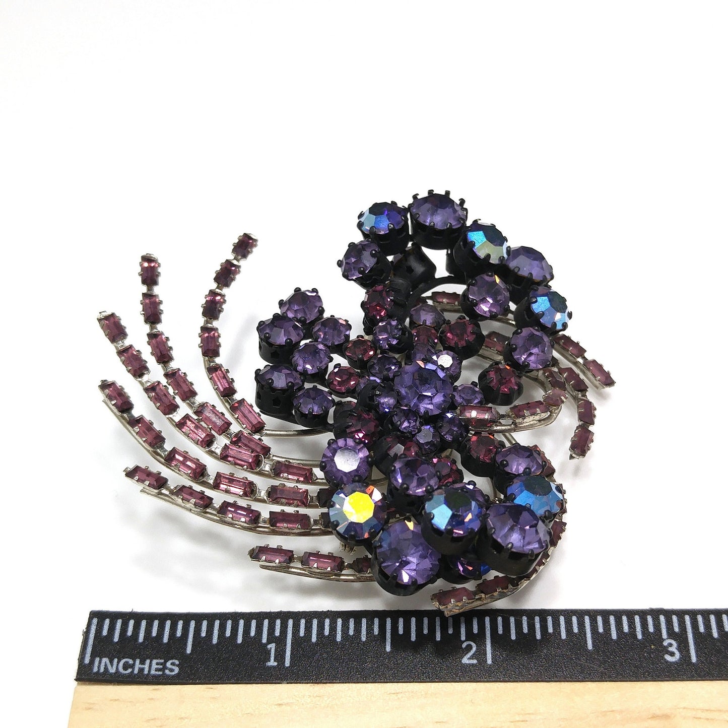 Purple Rhinestone Japanned Made in Austria Brooch, Aurora Borealis, 1960s Vintage