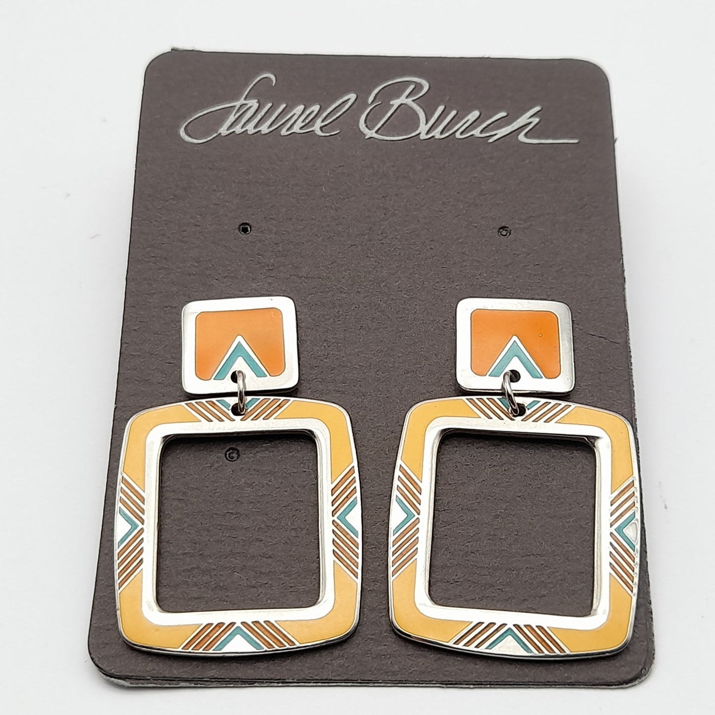 Vintage 1988 Laurel Burch Geometric Yellow Orange Enamel Post Earrings on Original Card