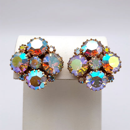 Vintage Aurora Borealis Rhinestone Clip On Earrings 1960s