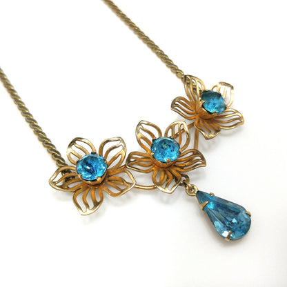 Van Dell Turquoise Rhinestone Necklace, 12K Gold Filled, 1940s Vintage Jewelry