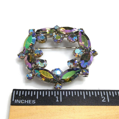 Blue Vitrail Rhinestone Wreath Brooch, 1960s Vintage Jewelry, Rhodium Plated
