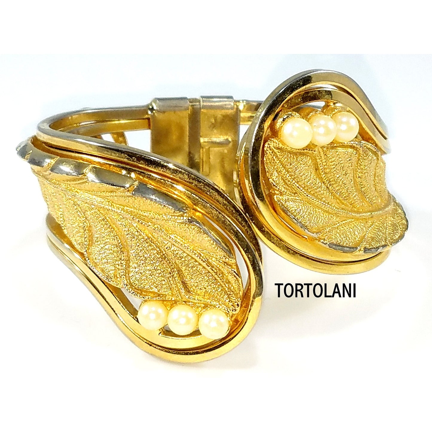 Tortolani Gold Plated Hinged Cuff Bracelet Leaf Design Faux Pearls 1960s Vintage