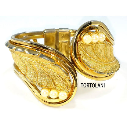 Tortolani Gold Plated Hinged Cuff Bracelet Leaf Design Faux Pearls 1960s Vintage