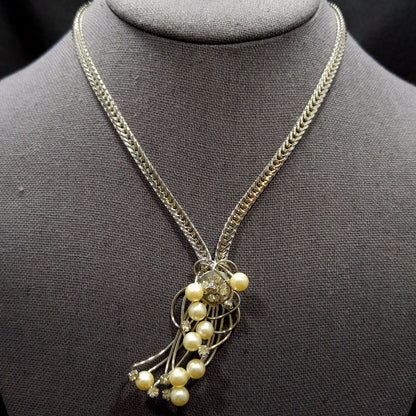 Hobe' Faux Pearl Pendant Necklace, Rhodium Plated, 1960s Vintage Jewelry