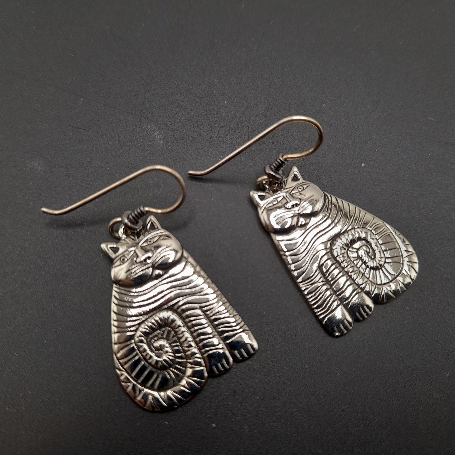 Laurel Burch Shambala Cat Earrings, Rhodium Plated, 1980s Vintage Jewelry