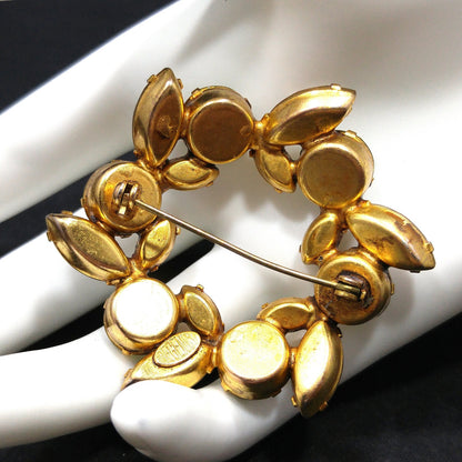 Vintage Regency Wreath Brooch, Green Topaz Citrine Crystal Rhinestones, 1950s Vintage Jewelry