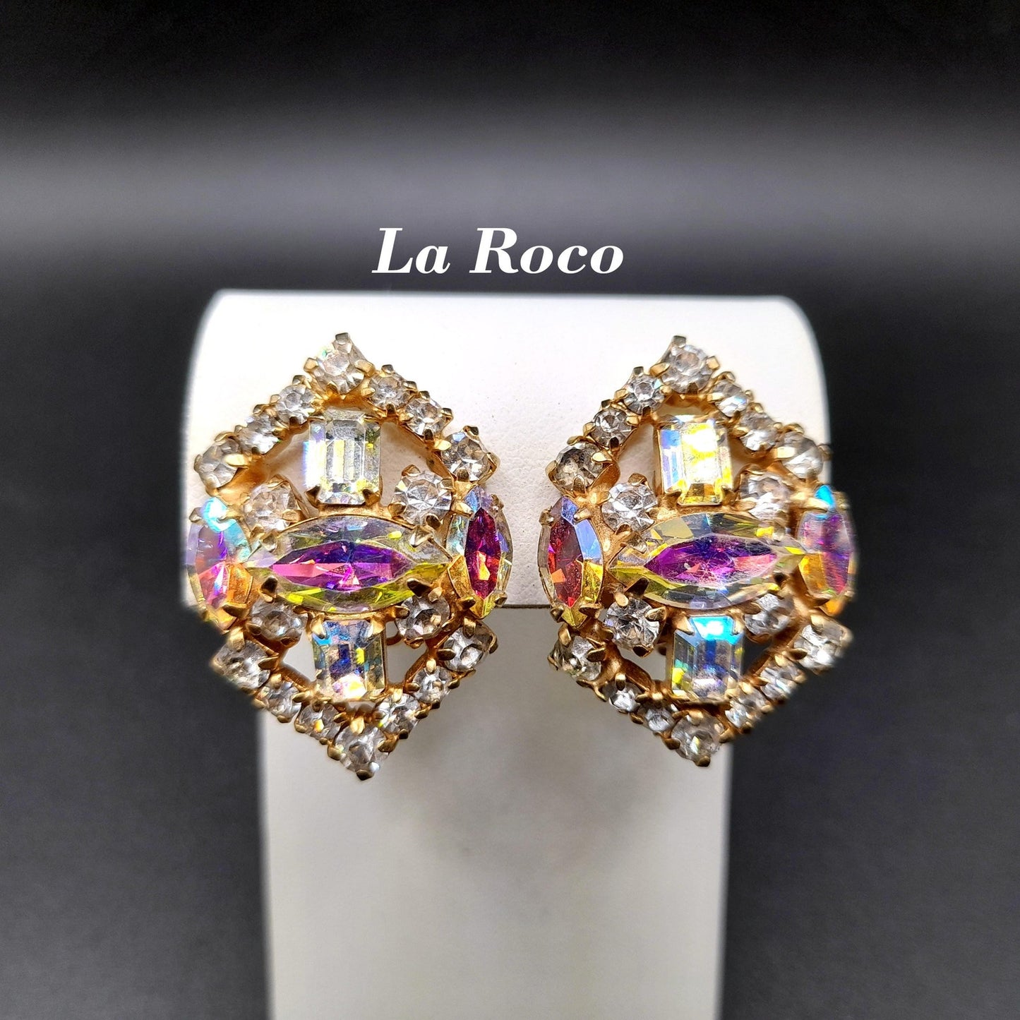 LaRoco Aurora Borealis Clip Earrings, Designer Gold Plated, 1960s Vintage Jewelry