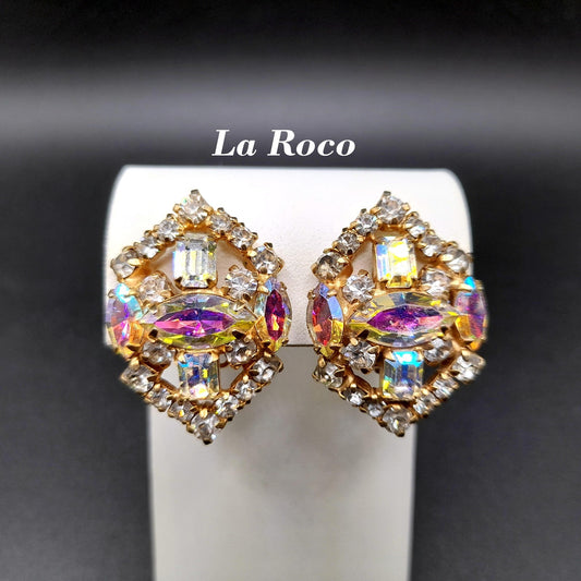 LaRoco Aurora Borealis Clip Earrings, Designer Gold Plated, 1960s Vintage Jewelry