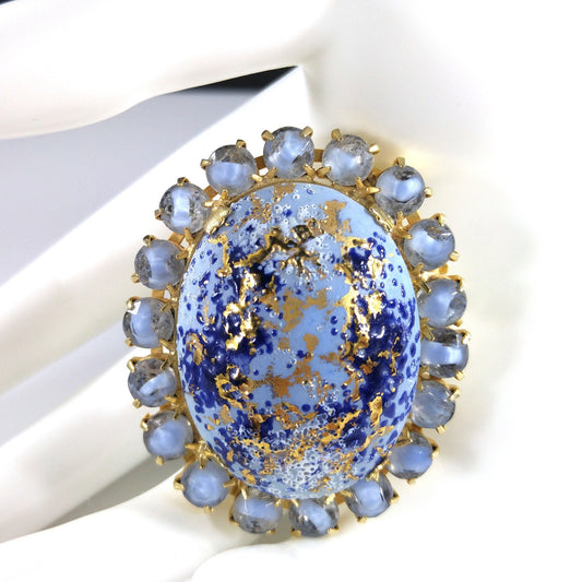 Hand Painted Blue Spatter Gold Ceramic Brooch, Gold Plated, 1960s Vintage Jewelry